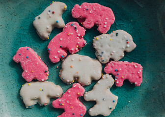 frosted Circus Animal Cookie, Pink and White Animal Crackers with sprinkles on teal plate 