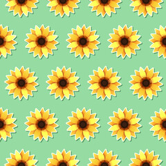 Seamless pattern with sunflowers in clip art style on soft green background. Retro wallpaper, vintage background, wrapping paper concept