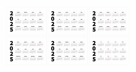 Set of 2025 year simple horizontal a4 size calendars in english, spanish, russian, french, chinese and german languages, typographic calendar isolated on white