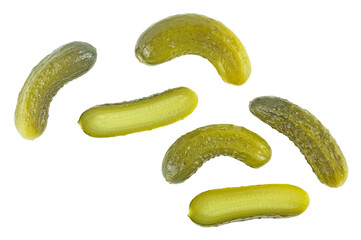 Pickled cucumbers isolated on a white background, top view. Pickled gherkins. Cornichons.