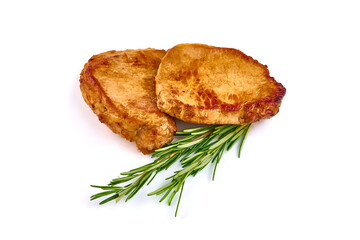 Fried juicy pork steaks bbq, isolated on white background.