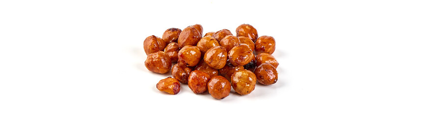 Roasted Hazelnuts with caramel, isolated on white background.