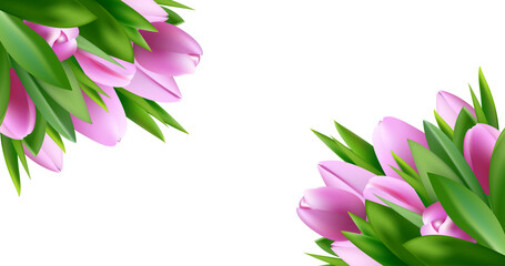 Realistic spring tulips. banner for mothers day. Pink tulips on a white . Happy mothers day greeting card. Eps10