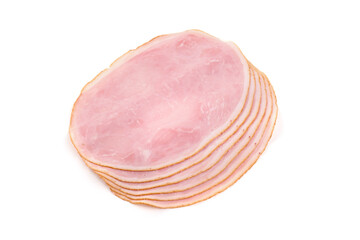 Boiled Ham Slices, close-up, isolated on a white background.