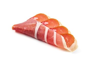 Spanish jamon iberico, serrano ham, isolated on white background. High resolution image.