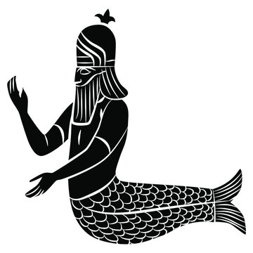 Sumerian god Uanna or Oannes. Dagon. Fantastic sea creature. Merman. Half man half fish. Babylonian Mesopotamian mythology. Black and white negative silhouette.