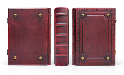 Red leather book cover with the frame and metal pins