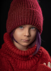 cute little girl with purple hair in a red sweater