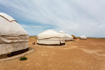 Yurt campsite in the Kyzylkum desert in Northern Uzbekistan, Central Asia