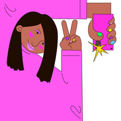 Girl in a pink sweatshirt with bright makeup takes a selfie on a mobile phone, a flash shines. Vector illustration in flat doodle style