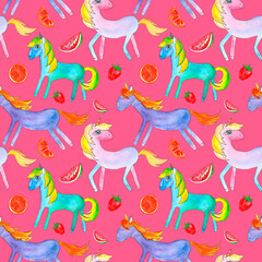 Obraz premium Seamless pattern of watercolor illustrations: unicorns of purple, turquoise, pink color with pieces of fruit on pink 