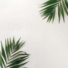 Green tropical palm leaves lie on the ground. Copy space, top view, sand color, summer, tropic,layout, square...