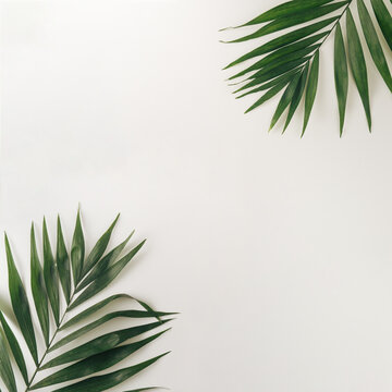 Green tropical palm leaves lie on the ground. Copy space, top view, sand color, summer, tropic,layout, square... © Svetlana