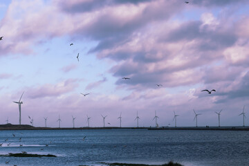 Wind turbine farm power genarator in beautiful nature landscape for production of renewable green energy. High quality photo