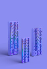 Obraz premium Top view of gamer workspace and gear like keyboards on purple background