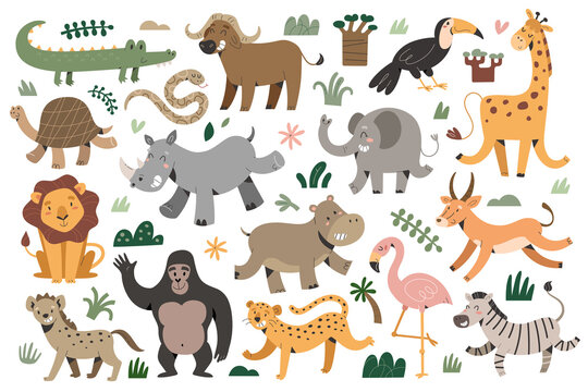 African animals collection, smiling giraffe, jumping zebra and laughing elephant, jungle and safari animals with facial expressions, funny hippo and rhino isolated vector illustrations