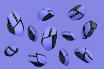 Flying gamer mouse on purple background with blur