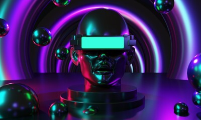 metaverse vr simulation gaming cyberpunk style, digital robot, 3d illustration rendering, virtual reality