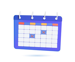 Calendar with rings and marked date. Time management, planning concept. 3d vector icon. Cartoon minimal style. Calendar icon and red crosses. Mark the date, holiday, important day concepts. 3D vector