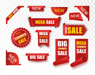 Vector collection of summer collection price tags. Ribbon sale banners isolated. Offers of new collections.