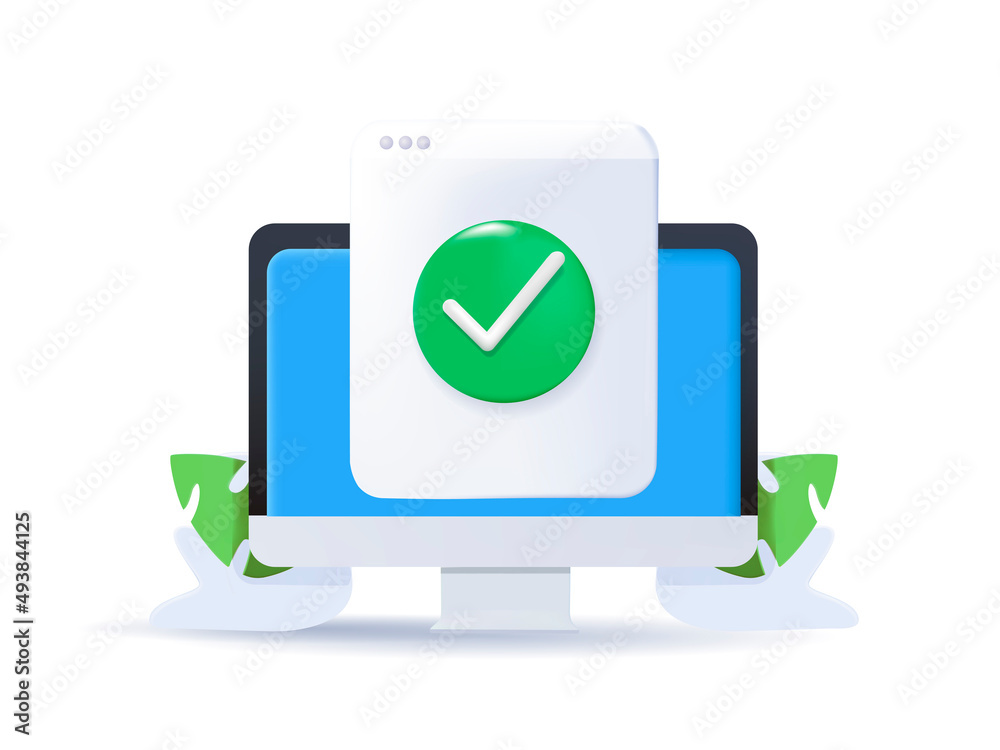 Fototapete Document file with approved check mark on computer screen. 3d vector icon. Cartoon minimal style. Confirmed online document file check approval. Desktop or pc computer quality control of text writing