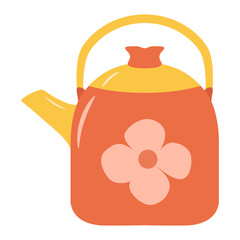 Red teapot with ornament .Kettle with a handle.Isolated on white background.Vector flat illustration.