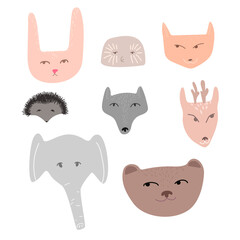 A set with the faces of forest animals in the doodle style.