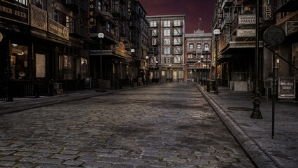 Old 1920s film noir style city street in the evening. 3D rendering. - obrazy, fototapety, plakaty