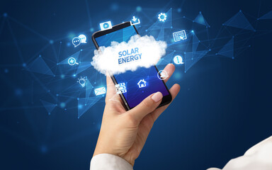 Hand using smartphone with cloud technology concept