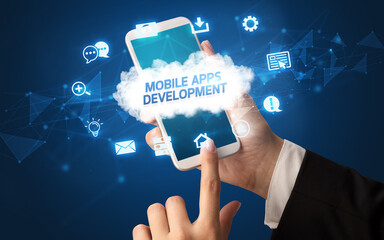 Hand using smartphone with cloud technology concept