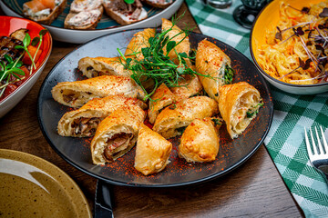 Homemade puff pastry with chicken and mushroom. Pie