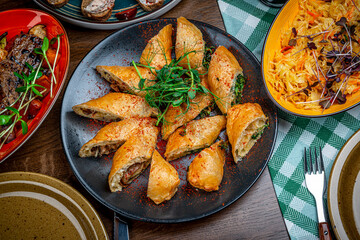 Homemade puff pastry with chicken and mushroom. Pie