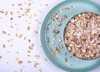 A cup of oatmeal on a white background