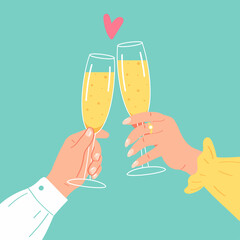 Human hands of couple clinking glasses with sparkling wine.Flat vector illustration.