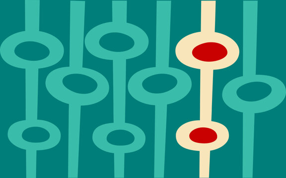 Mid-century modern pattern in the style of the atomic age  design era, in teal green, red and off-white.