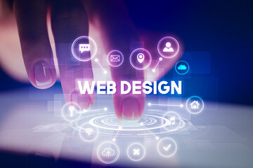 Finger touching tablet with web technology icons concept