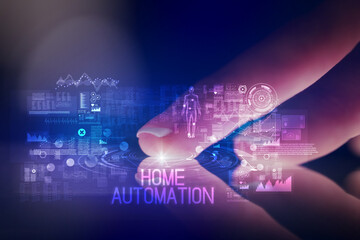 Finger touching tablet with web technology icons concept