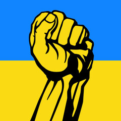 Illustration of a rising fist with the Ukrainian flag in the background.