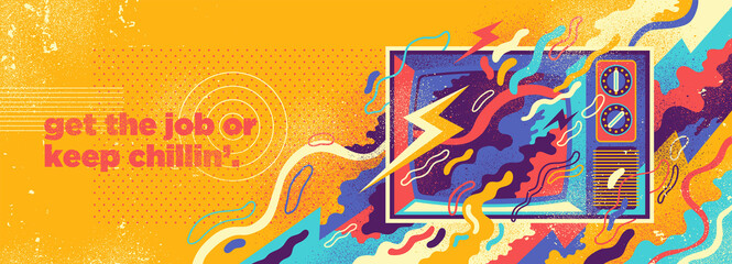 Abstract illustration in graffiti style, with retro TV set and colorful splashing shapes. Vector illustration.