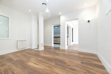 empty living room of a newly renovated apartment with open spaces towards the kitchen and dining room with chestnut wood flooring