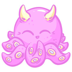 Octopus Cute  Kawaii Cartoon Creature With Horns and Tentacles