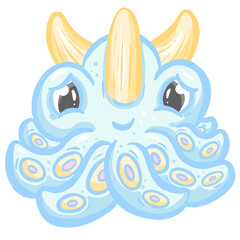 Octopus Cute  Kawaii Cartoon Creature With Horns and Tentacles