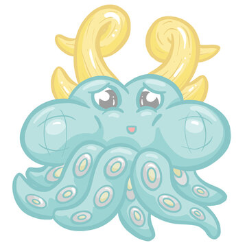 Octopus Cute  Kawaii Cartoon Creature With Horns and Tentacles