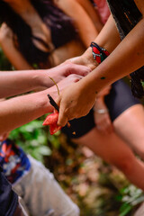Obraz na płótnie Canvas group holding hands in a moment of blessing in an indigenous ritual, international day of indigenous peoples, spins in Candomblé, Exu jira, Indian's day, indigenous ritual