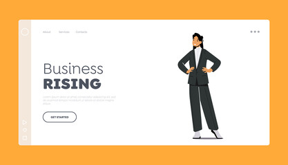 Business Rising Landing Page Template. Stylish Asian Woman Wearing Fashioned Formal Outfits Stand with Arms Akimbo