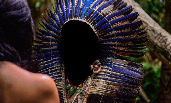 shaman's black face, ritual of indigenous culture, yanomami indians, international day of indigenous peoples, Indian's day, Amazon region blue cockade, Indian's day