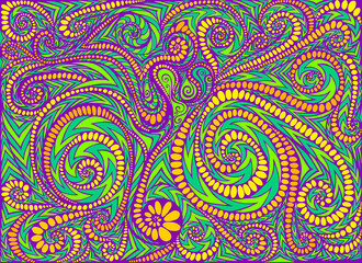 Artistic colorful psychedelic abstract, violet green orange color trippy background. Decorative bright stylish pattern.