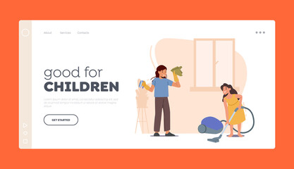 Children Cleaning Home Landing Page Template. Little Helpers Vacuuming Carpet, Washing and Wiping Dust, Housework Chores