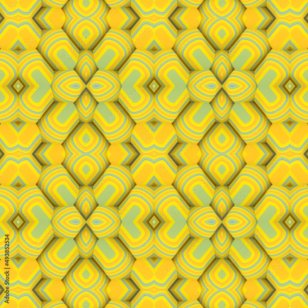 Poster Kaleidoscopic pattern of rounded rectangles covered with yellow striped texture. 3d rendering digital illustration