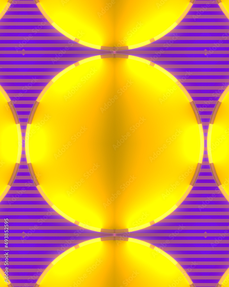 Fototapete kaleidoscopic pattern with glowing round shapes and trendy color combination. 3d rendering digital i